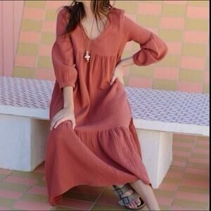 7 For All Mankind Gauzy Cotton Boho Tiered Midi Dress Burnt Red Maxi Medium